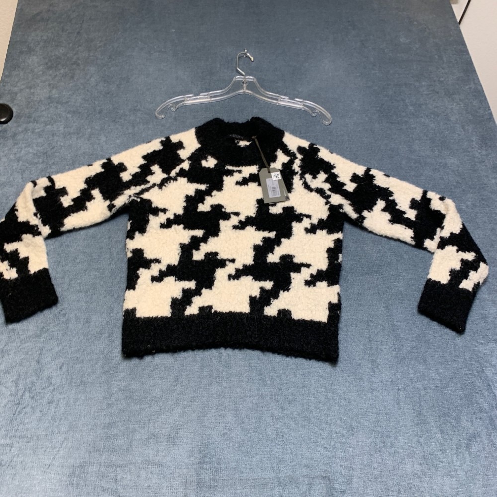 AllSaints Joy Chunky Knit Sweater Womens XS Black White Houndstooth Winter Warm